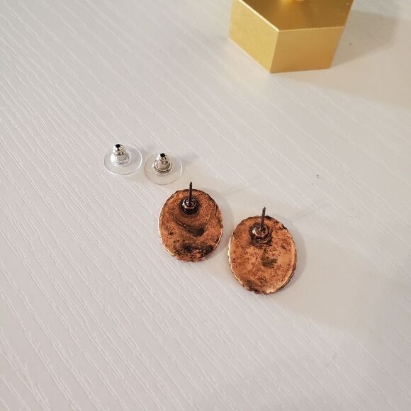 𝅺crystal Pave Coppertone Framed Oval Earrings, .75" - Picture 5 of 6